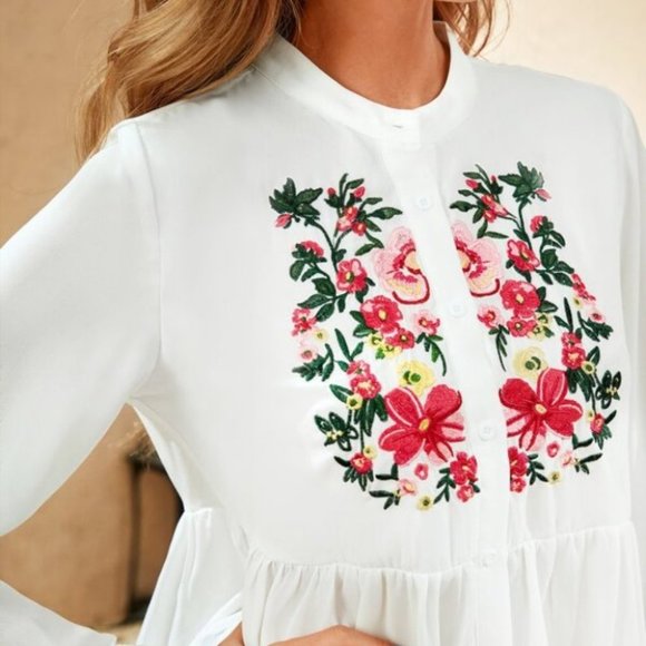 BOHO Flower Embroidery Peplum Blouse - Picture 6 of 8